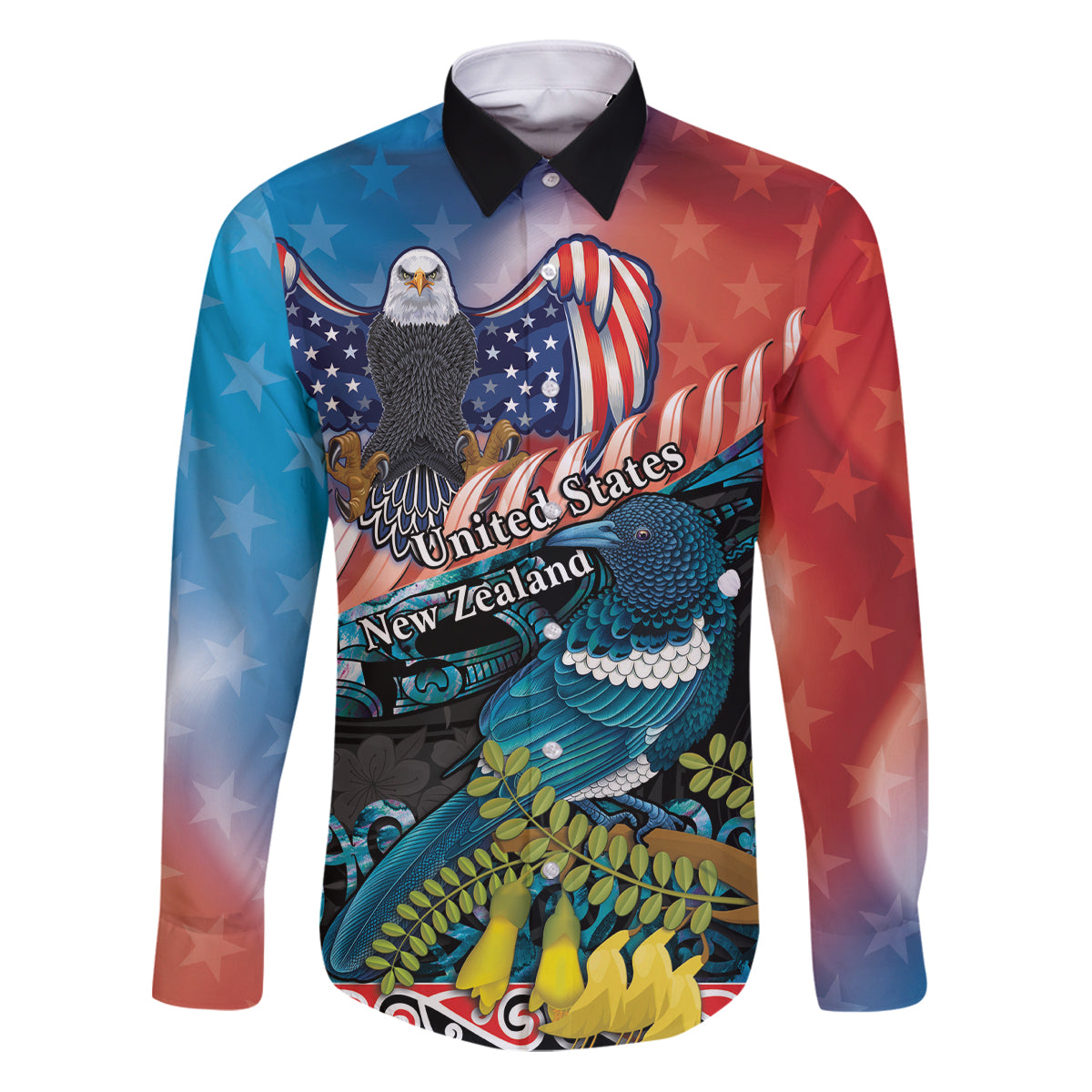 Personalised United States And New Zealand Family Matching Puletasi and Hawaiian Shirt USA Eagle With Kowhai Aotearoa Tui Bird LT14 Dad's Shirt - Long Sleeve Blue - Polynesian Pride
