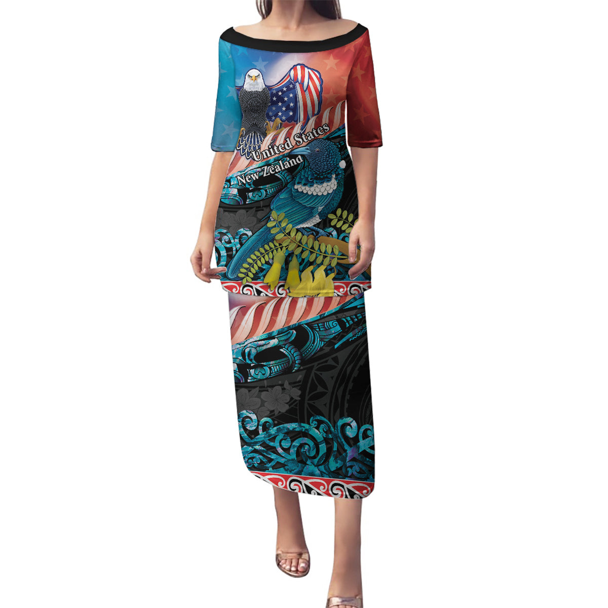 Personalised United States And New Zealand Family Matching Puletasi and Hawaiian Shirt USA Eagle With Kowhai Aotearoa Tui Bird LT14 Mom's Dress Blue - Polynesian Pride
