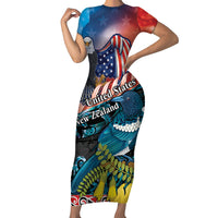 Personalised United States And New Zealand Family Matching Short Sleeve Bodycon Dress and Hawaiian Shirt USA Eagle With Kowhai Aotearoa Tui Bird LT14 Mom's Dress Blue - Polynesian Pride