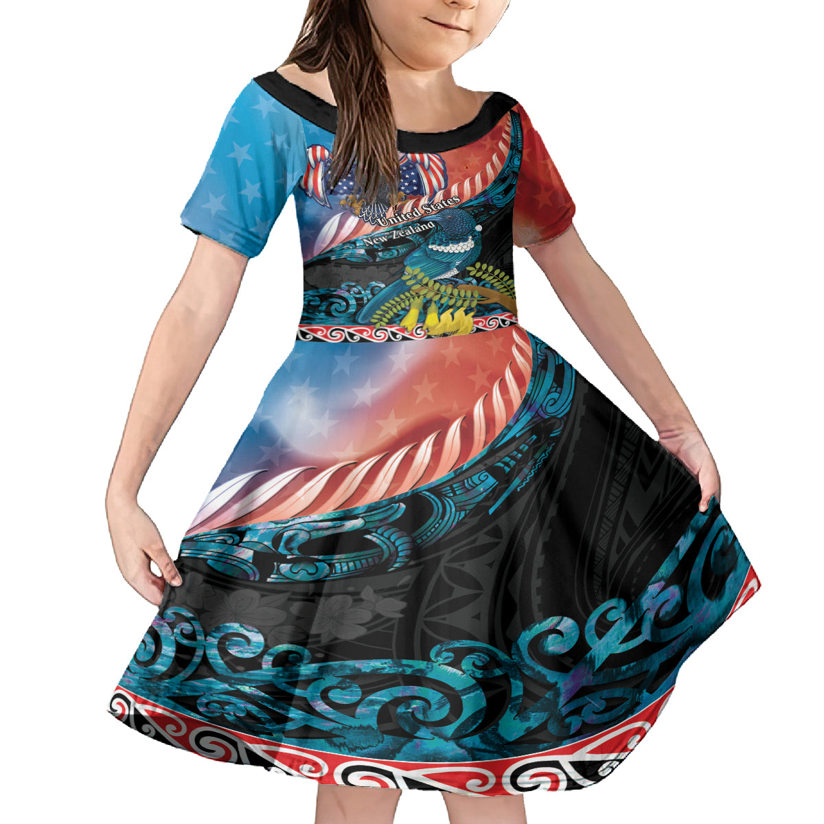 Personalised United States And New Zealand Family Matching Summer Maxi Dress and Hawaiian Shirt USA Eagle With Kowhai Aotearoa Tui Bird LT14 Daughter's Dress Blue - Polynesian Pride