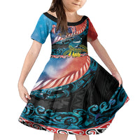 Personalised United States And New Zealand Family Matching Summer Maxi Dress and Hawaiian Shirt USA Eagle With Kowhai Aotearoa Tui Bird LT14 Daughter's Dress Blue - Polynesian Pride