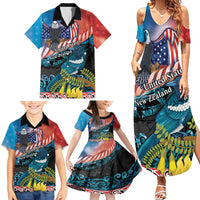 Personalised United States And New Zealand Family Matching Summer Maxi Dress and Hawaiian Shirt USA Eagle With Kowhai Aotearoa Tui Bird LT14 - Polynesian Pride