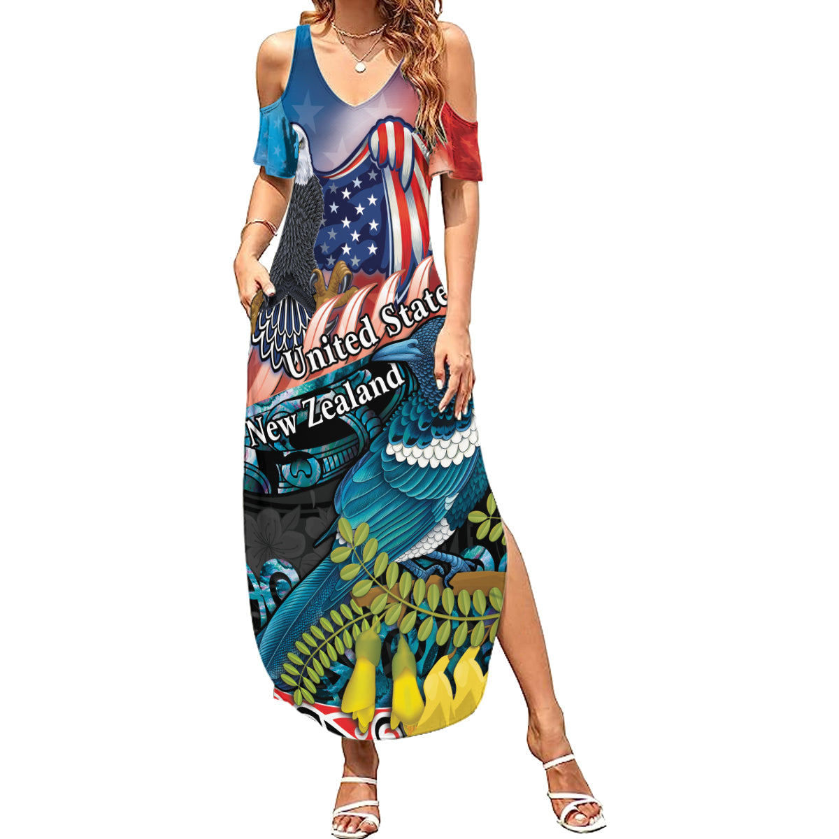 Personalised United States And New Zealand Family Matching Summer Maxi Dress and Hawaiian Shirt USA Eagle With Kowhai Aotearoa Tui Bird LT14 Mom's Dress Blue - Polynesian Pride