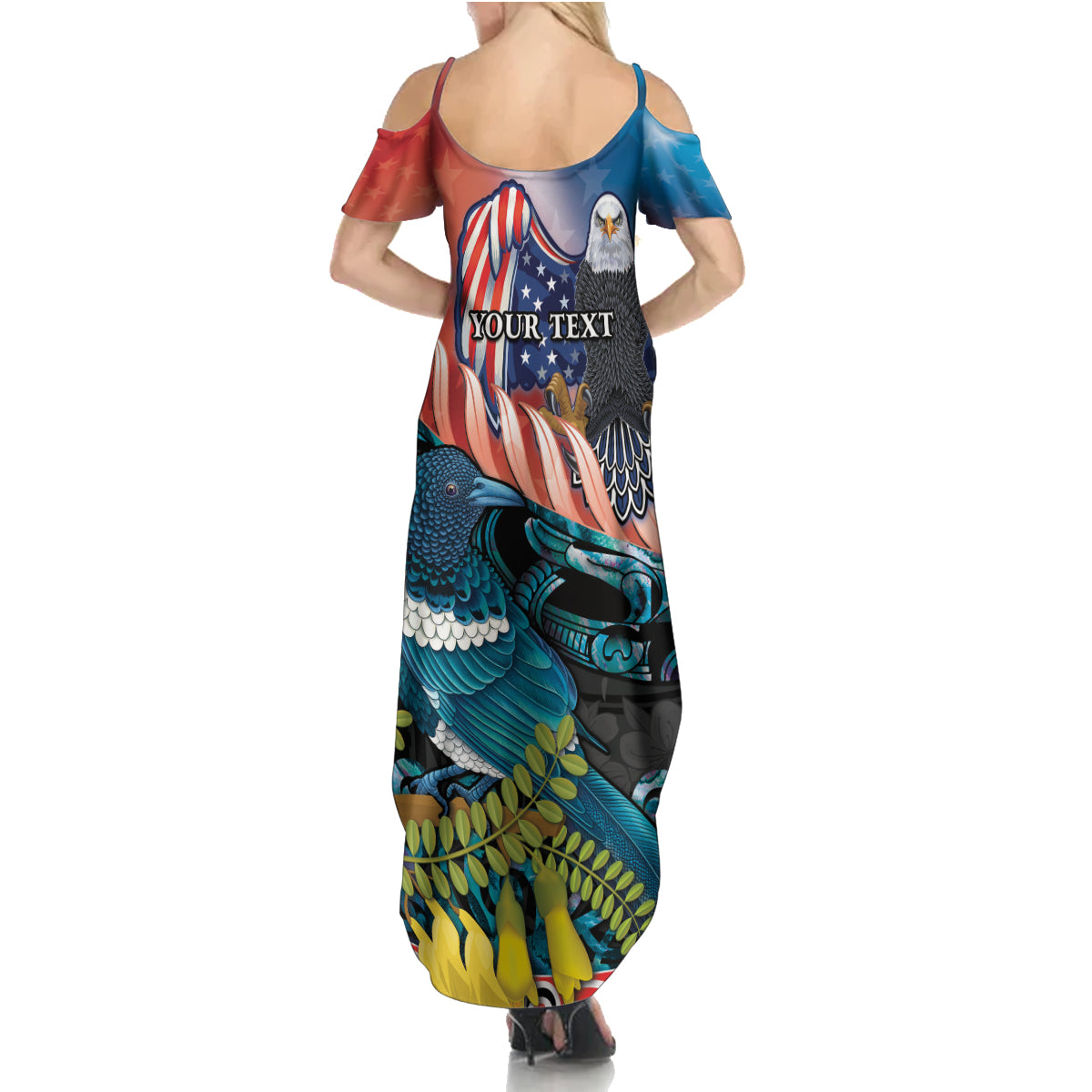 Personalised United States And New Zealand Family Matching Summer Maxi Dress and Hawaiian Shirt USA Eagle With Kowhai Aotearoa Tui Bird LT14 - Polynesian Pride