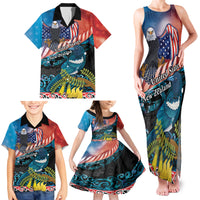 Personalised United States And New Zealand Family Matching Tank Maxi Dress and Hawaiian Shirt USA Eagle With Kowhai Aotearoa Tui Bird LT14 - Polynesian Pride