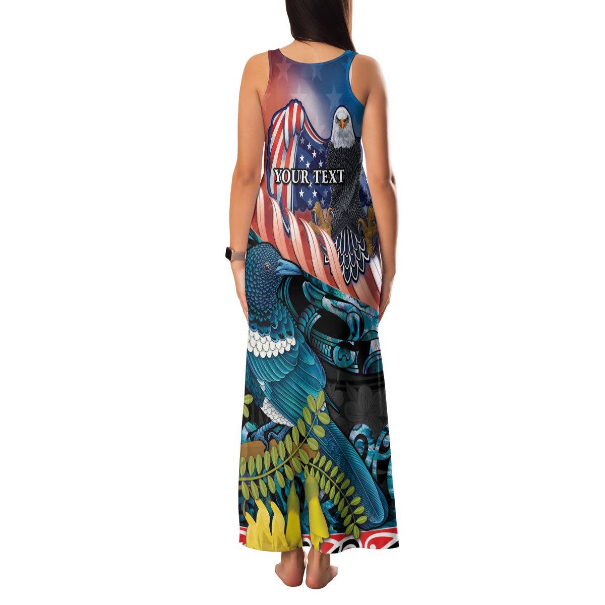 Personalised United States And New Zealand Family Matching Tank Maxi Dress and Hawaiian Shirt USA Eagle With Kowhai Aotearoa Tui Bird LT14 - Polynesian Pride