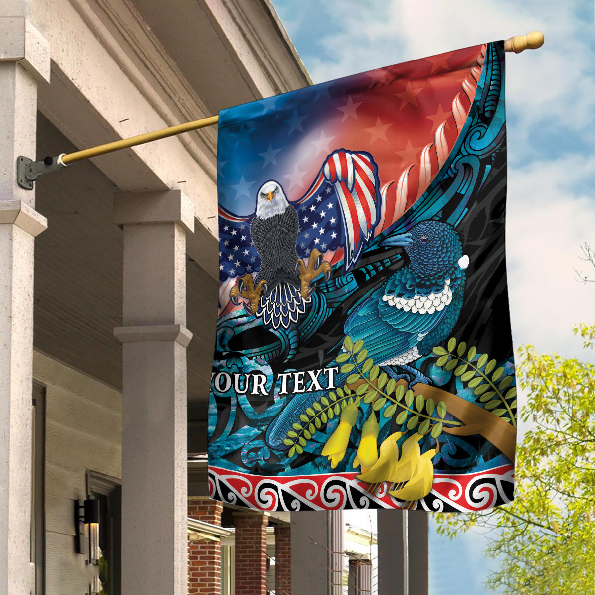 Personalised United States And New Zealand Garden Flag USA Eagle With Kowhai Aotearoa Tui Bird LT14 House Flag Blue - Polynesian Pride