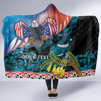 Personalised United States And New Zealand Hooded Blanket USA Eagle With Kowhai Aotearoa Tui Bird LT14 - Polynesian Pride