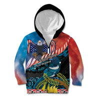 Personalised United States And New Zealand Kid Hoodie USA Eagle With Kowhai Aotearoa Tui Bird LT14 Zip Hoodie Blue - Polynesian Pride