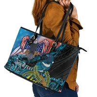 Personalised United States And New Zealand Leather Tote Bag USA Eagle With Kowhai Aotearoa Tui Bird LT14 - Polynesian Pride