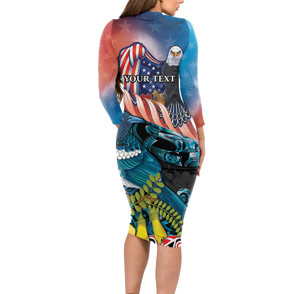 Personalised United States And New Zealand Long Sleeve Bodycon Dress USA Eagle With Kowhai Aotearoa Tui Bird LT14 - Polynesian Pride