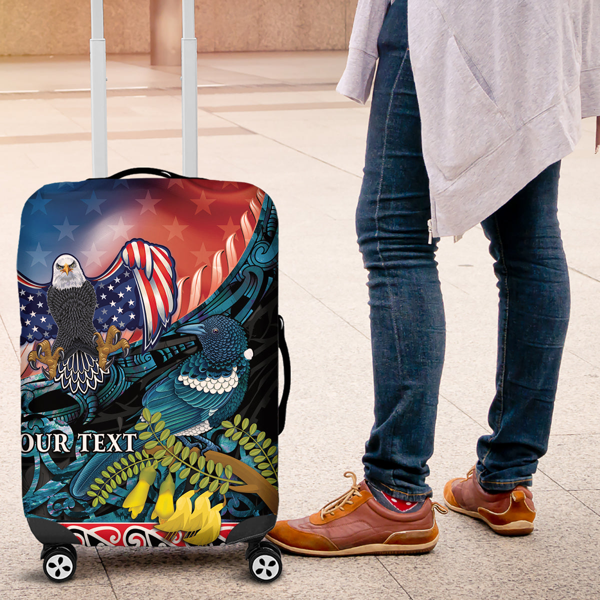 Personalised United States And New Zealand Luggage Cover USA Eagle With Kowhai Aotearoa Tui Bird LT14 Blue - Polynesian Pride