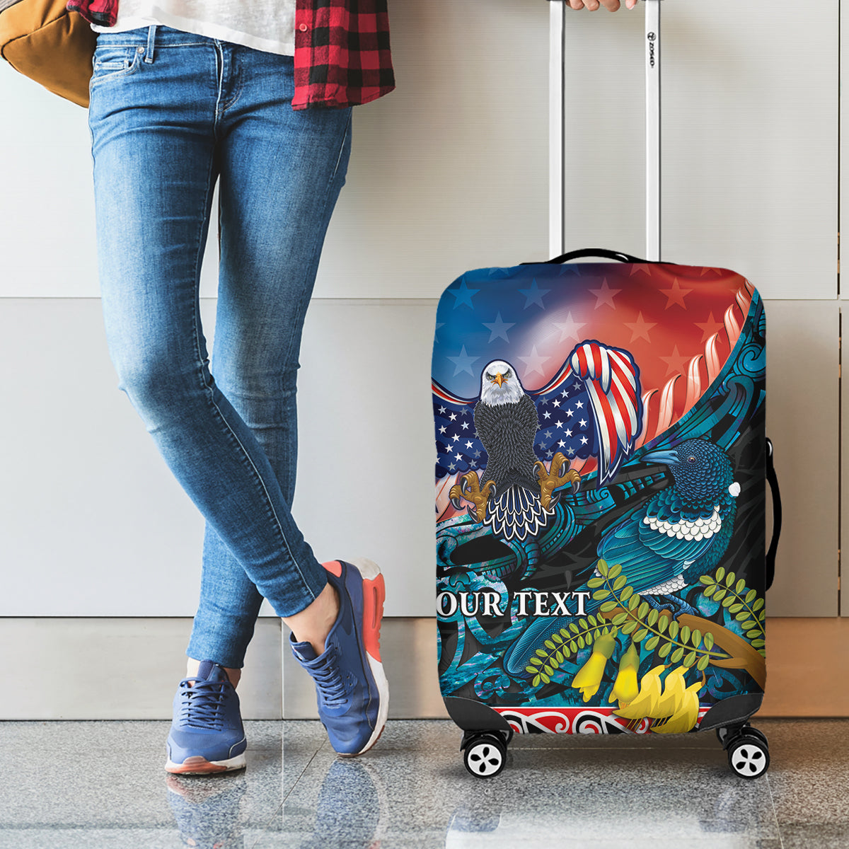 Personalised United States And New Zealand Luggage Cover USA Eagle With Kowhai Aotearoa Tui Bird LT14 - Polynesian Pride