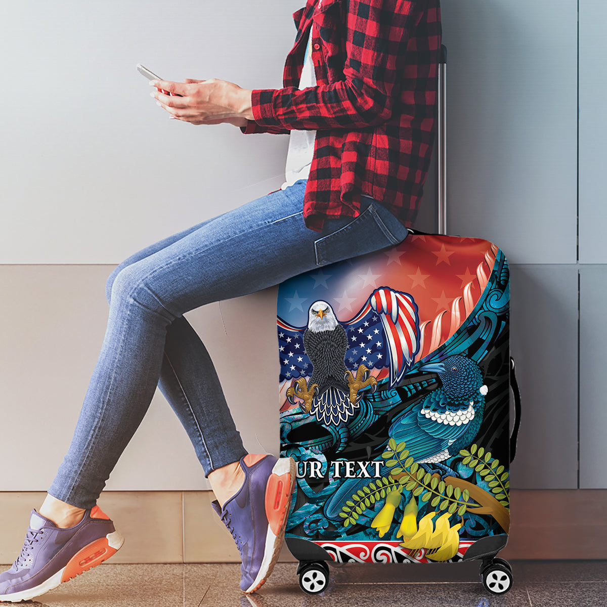 Personalised United States And New Zealand Luggage Cover USA Eagle With Kowhai Aotearoa Tui Bird LT14 - Polynesian Pride