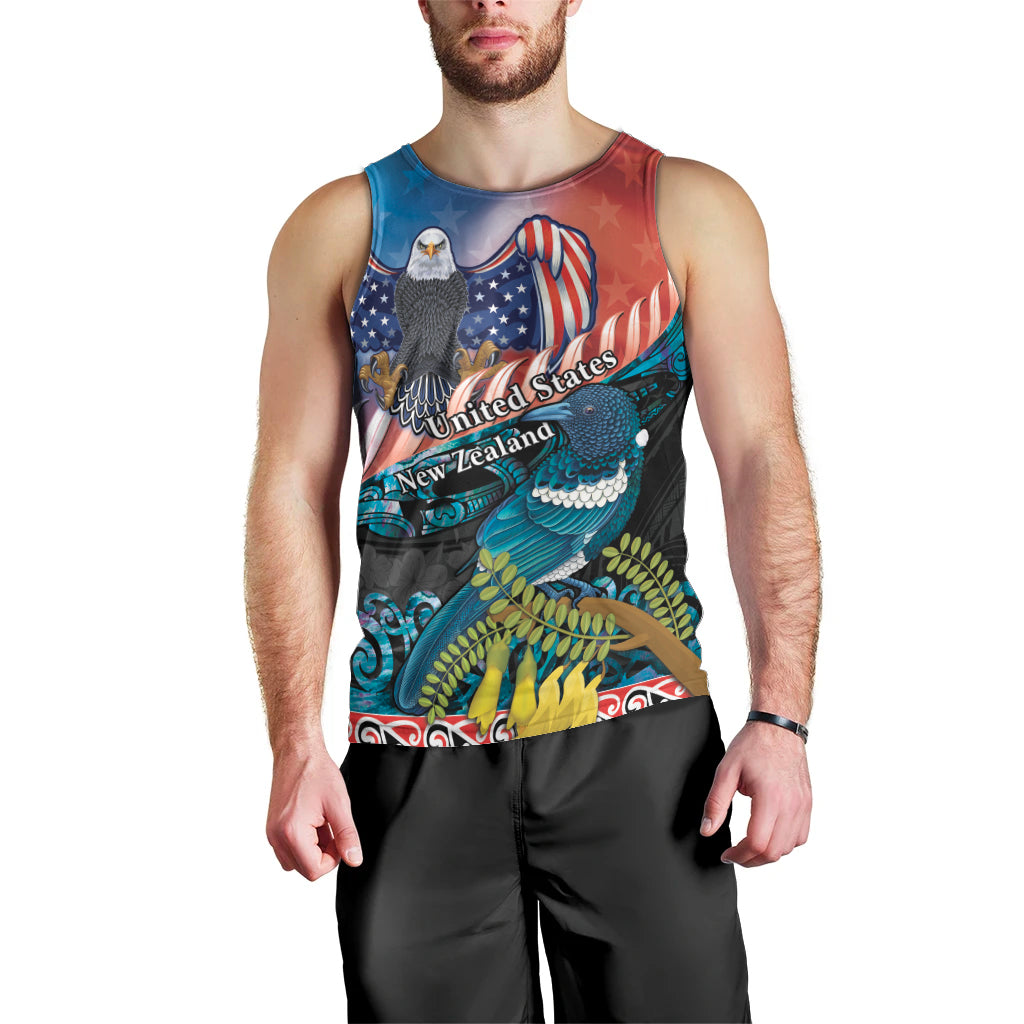 Personalised United States And New Zealand Men Tank Top USA Eagle With Kowhai Aotearoa Tui Bird LT14 - Polynesian Pride