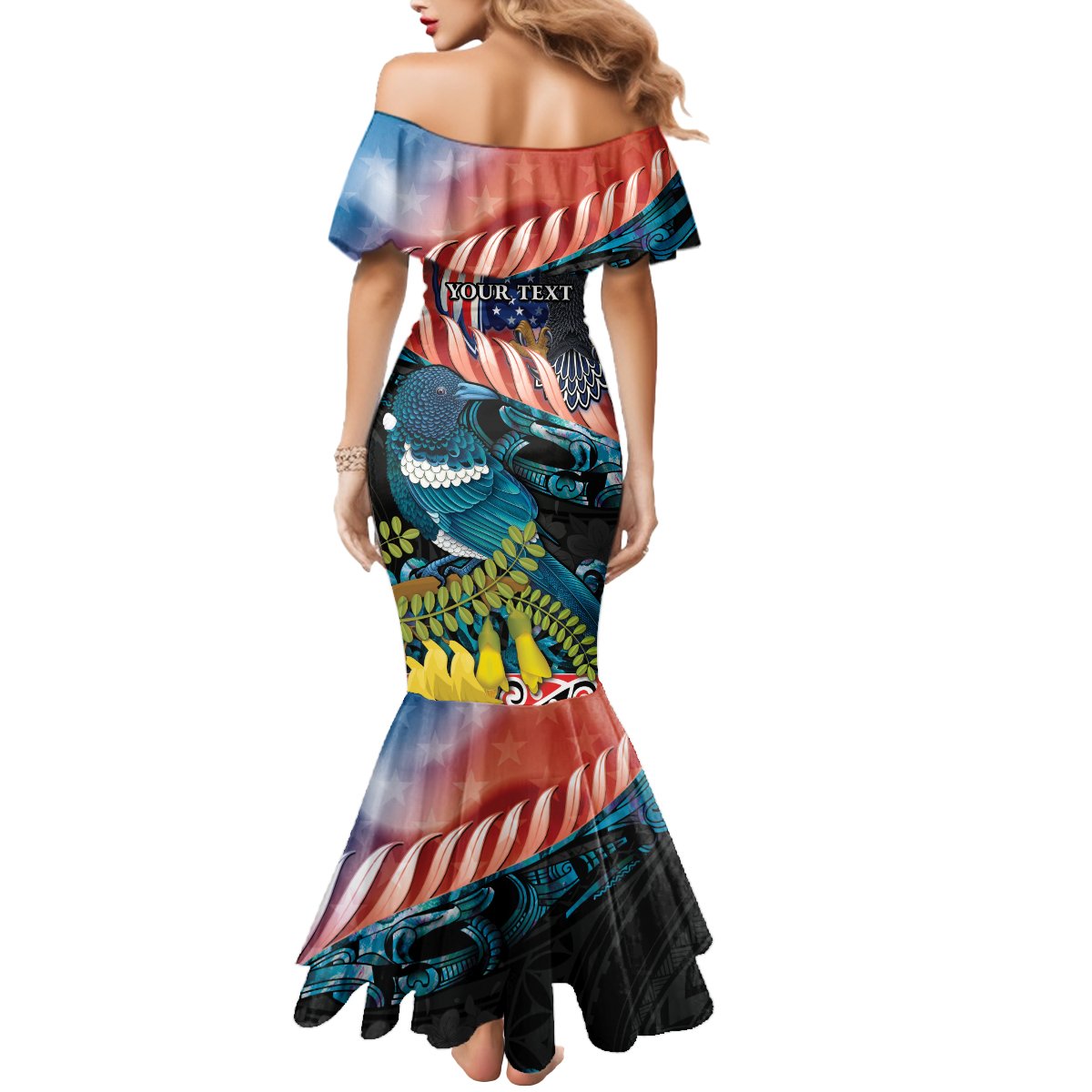 Personalised United States And New Zealand Mermaid Dress USA Eagle With Kowhai Aotearoa Tui Bird LT14 - Polynesian Pride