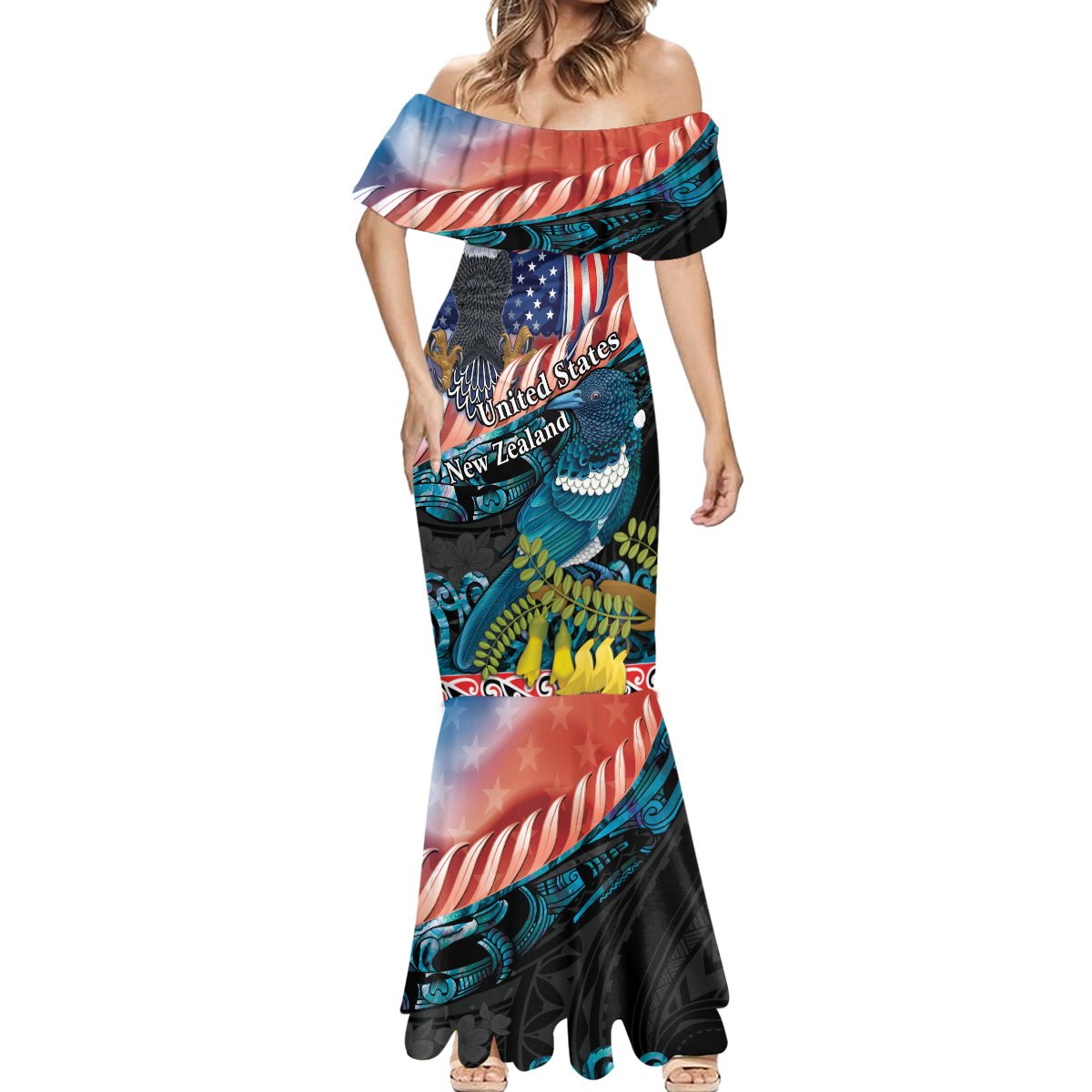 Personalised United States And New Zealand Mermaid Dress USA Eagle With Kowhai Aotearoa Tui Bird LT14 - Polynesian Pride