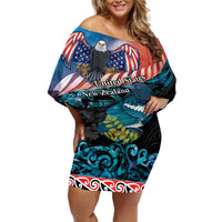 Personalised United States And New Zealand Off Shoulder Short Dress USA Eagle With Kowhai Aotearoa Tui Bird LT14 Women Blue - Polynesian Pride