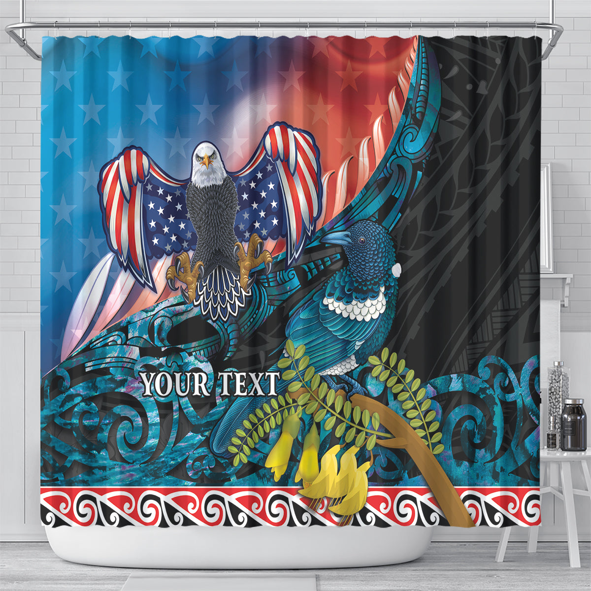 Personalised United States And New Zealand Shower Curtain USA Eagle With Kowhai Aotearoa Tui Bird LT14 - Polynesian Pride