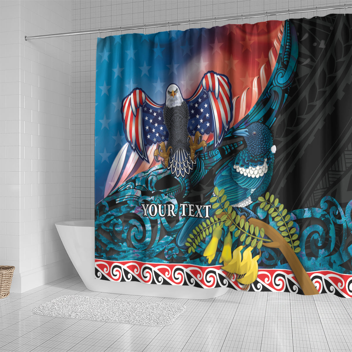 Personalised United States And New Zealand Shower Curtain USA Eagle With Kowhai Aotearoa Tui Bird LT14 - Polynesian Pride