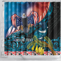 Personalised United States And New Zealand Shower Curtain USA Eagle With Kowhai Aotearoa Tui Bird LT14 - Polynesian Pride
