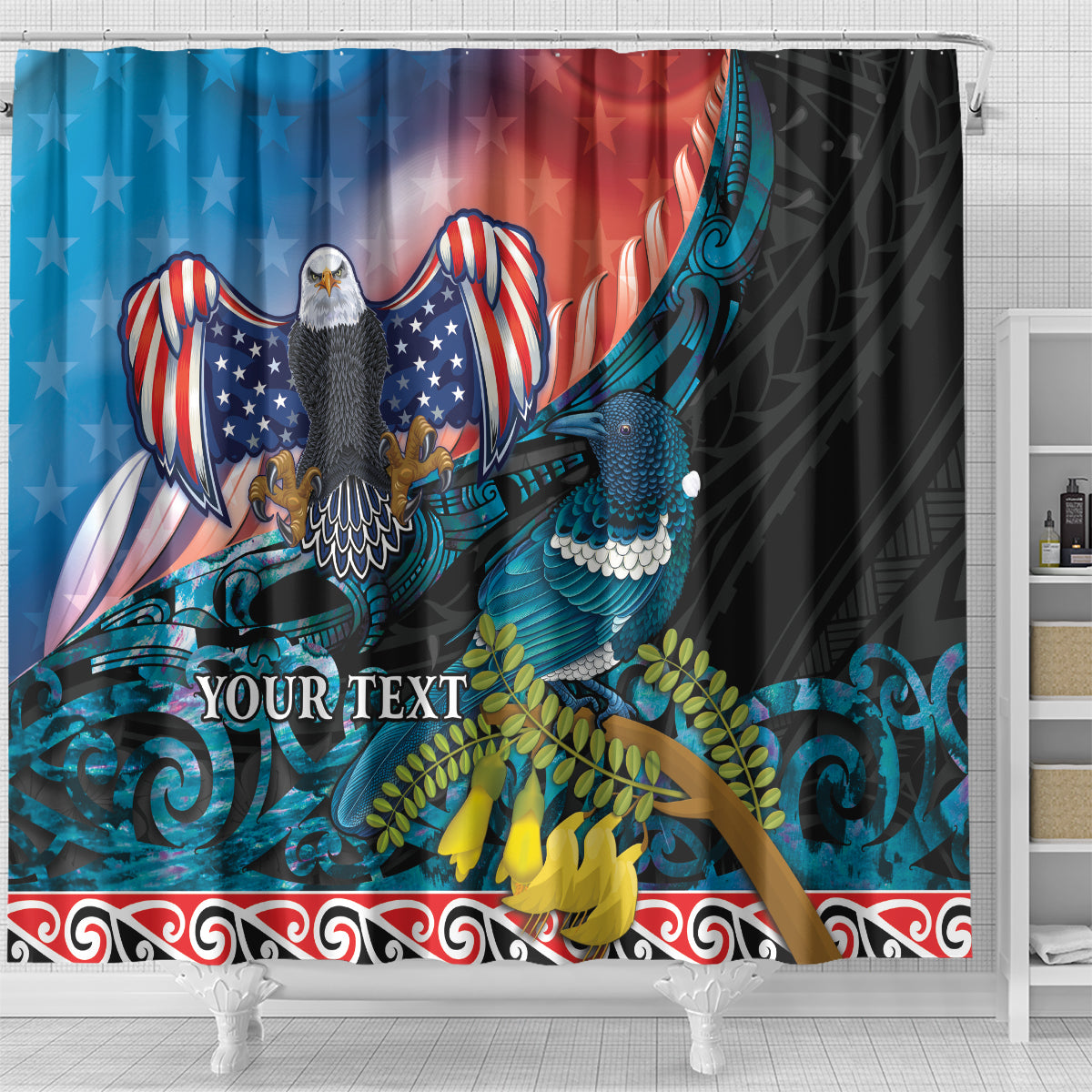 Personalised United States And New Zealand Shower Curtain USA Eagle With Kowhai Aotearoa Tui Bird LT14 - Polynesian Pride