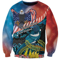 Personalised United States And New Zealand Sweatshirt USA Eagle With Kowhai Aotearoa Tui Bird