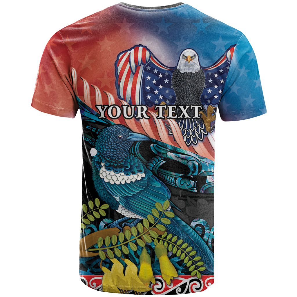 Personalised United States And New Zealand T Shirt USA Eagle With Kowhai Aotearoa Tui Bird