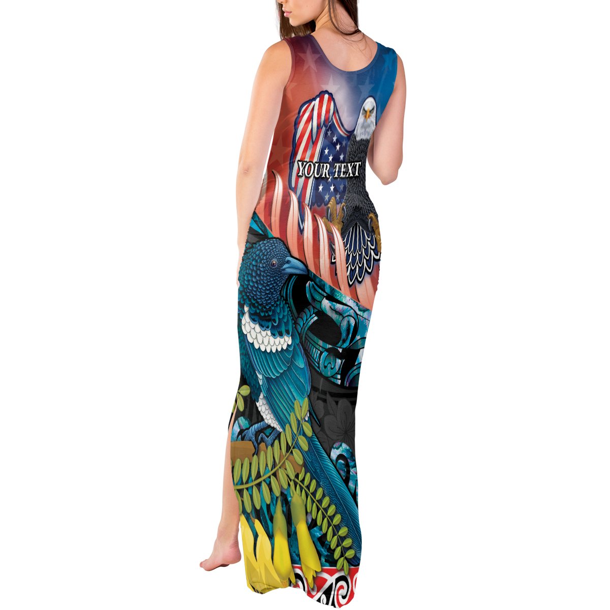 Personalised United States And New Zealand Tank Maxi Dress USA Eagle With Kowhai Aotearoa Tui Bird LT14 - Polynesian Pride