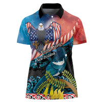 Personalised United States And New Zealand Women Polo Shirt USA Eagle With Kowhai Aotearoa Tui Bird LT14 Female Blue - Polynesian Pride