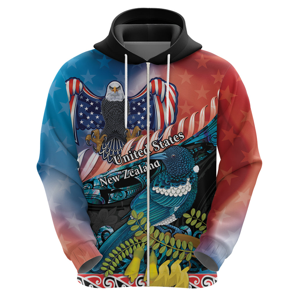 Personalised United States And New Zealand Zip Hoodie USA Eagle With Kowhai Aotearoa Tui Bird LT14 - Polynesian Pride