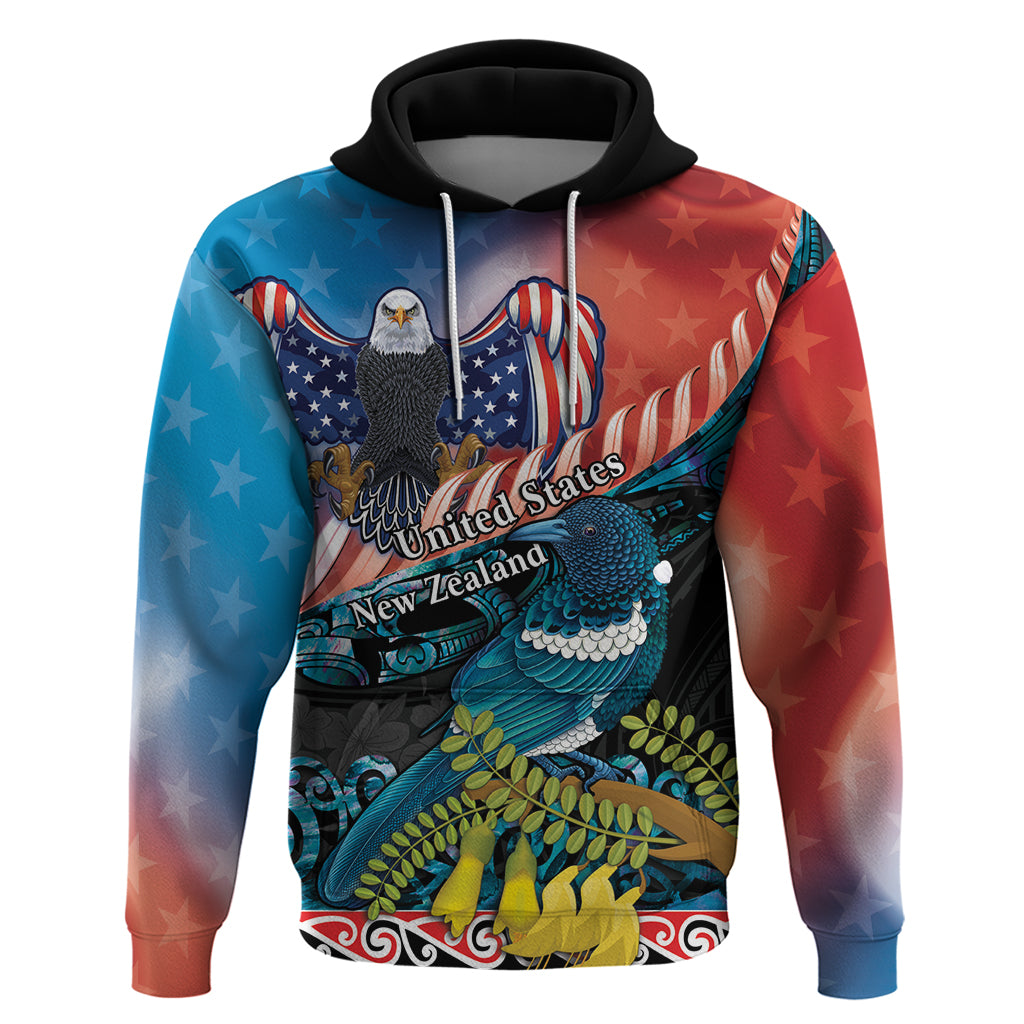 Personalised United States And New Zealand Zip Hoodie USA Eagle With Kowhai Aotearoa Tui Bird LT14 Pullover Hoodie Blue - Polynesian Pride