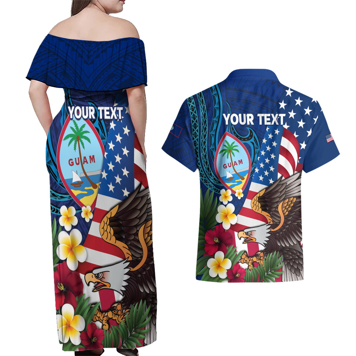 Personalised United States And Guam Couples Matching Off Shoulder Maxi Dress and Hawaiian Shirt USA Eagle With Guahan Seal Tropical Vibes LT14 - Polynesian Pride