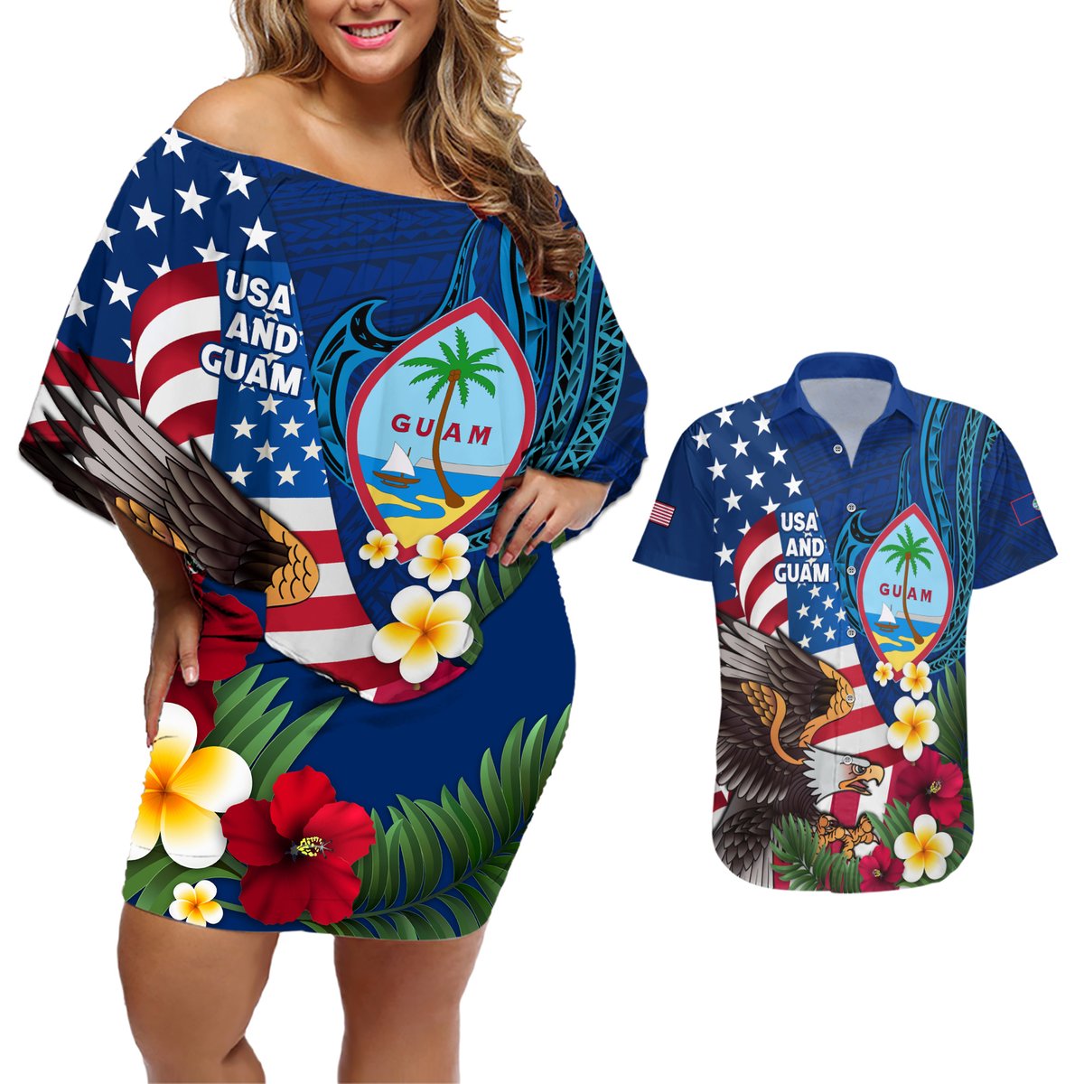 Personalised United States And Guam Couples Matching Off Shoulder Short Dress and Hawaiian Shirt USA Eagle With Guahan Seal Tropical Vibes LT14 Blue - Polynesian Pride