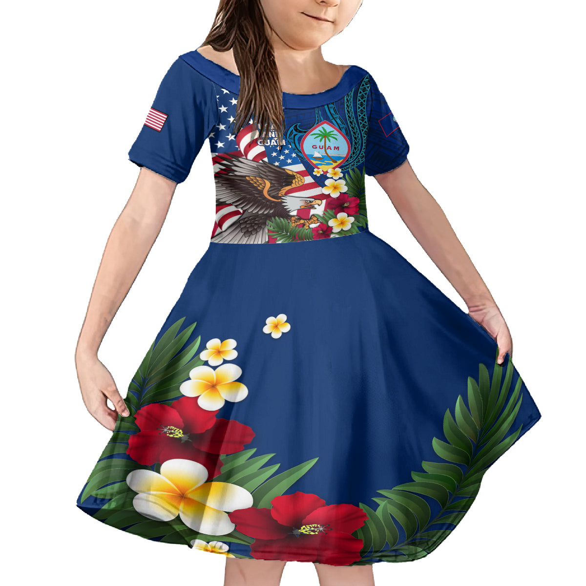 Personalised United States And Guam Family Matching Off The Shoulder Long Sleeve Dress and Hawaiian Shirt USA Eagle With Guahan Seal Tropical Vibes LT14 Daughter's Dress Blue - Polynesian Pride