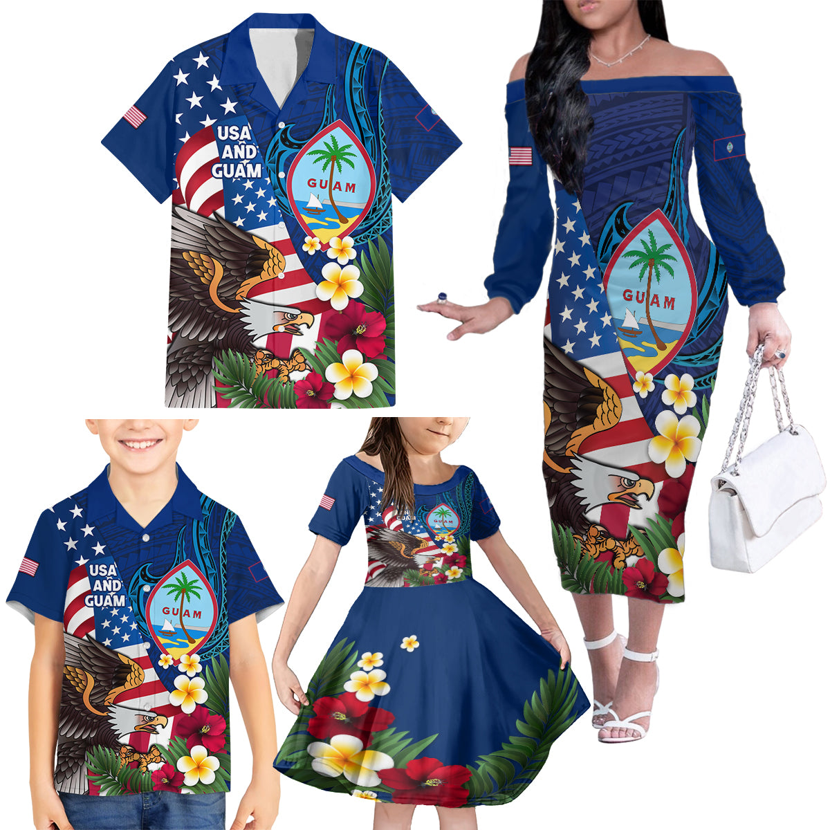Personalised United States And Guam Family Matching Off The Shoulder Long Sleeve Dress and Hawaiian Shirt USA Eagle With Guahan Seal Tropical Vibes LT14 - Polynesian Pride