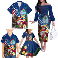 Personalised United States And Guam Family Matching Off The Shoulder Long Sleeve Dress and Hawaiian Shirt USA Eagle With Guahan Seal Tropical Vibes LT14 - Polynesian Pride