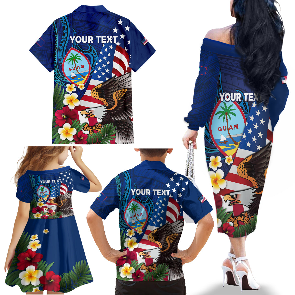 Personalised United States And Guam Family Matching Off The Shoulder Long Sleeve Dress and Hawaiian Shirt USA Eagle With Guahan Seal Tropical Vibes LT14 - Polynesian Pride