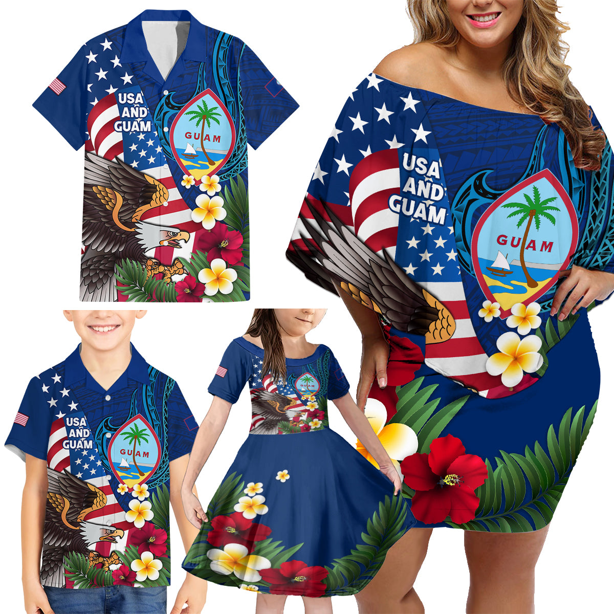 Personalised United States And Guam Family Matching Off Shoulder Short Dress and Hawaiian Shirt USA Eagle With Guahan Seal Tropical Vibes LT14 - Polynesian Pride