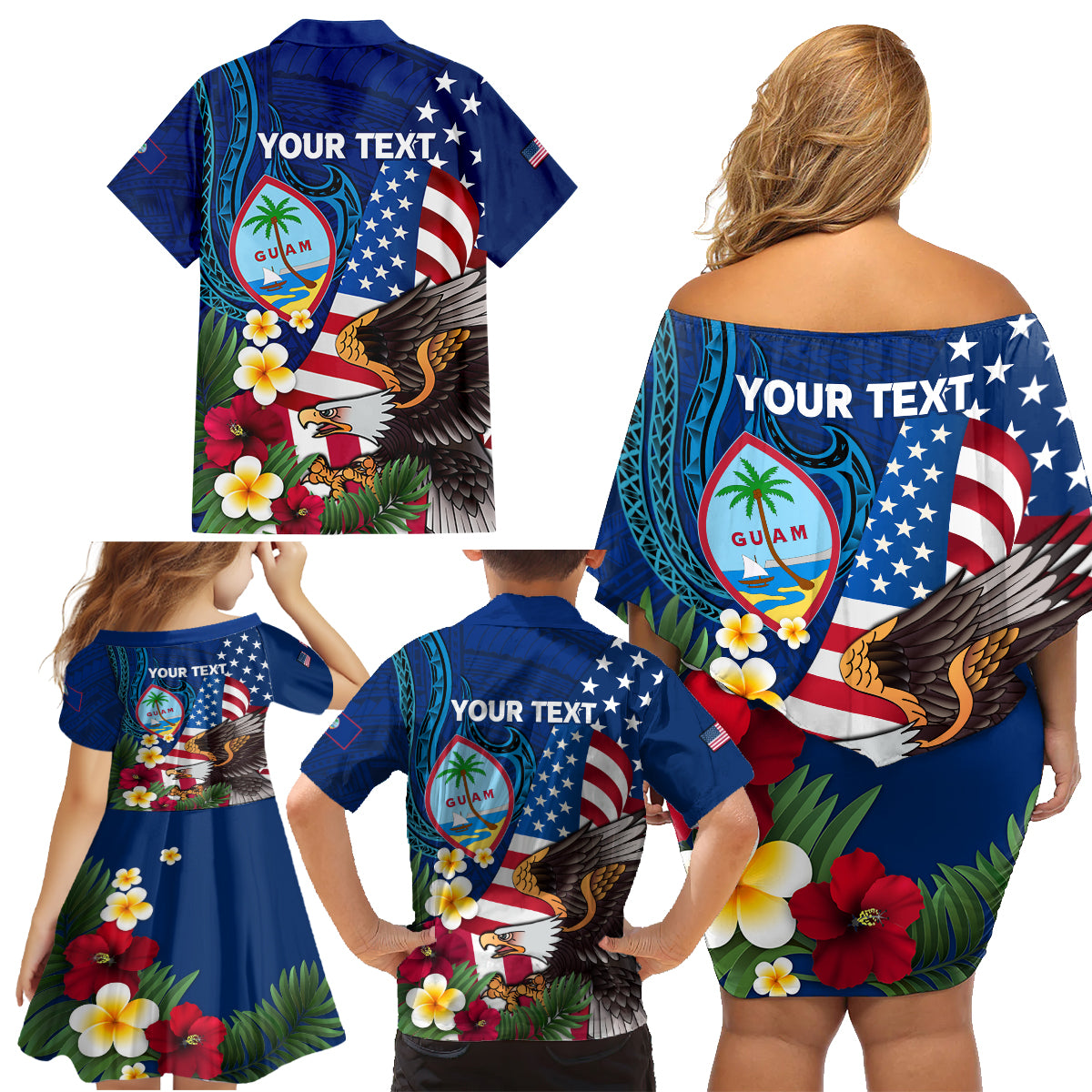 Personalised United States And Guam Family Matching Off Shoulder Short Dress and Hawaiian Shirt USA Eagle With Guahan Seal Tropical Vibes LT14 - Polynesian Pride