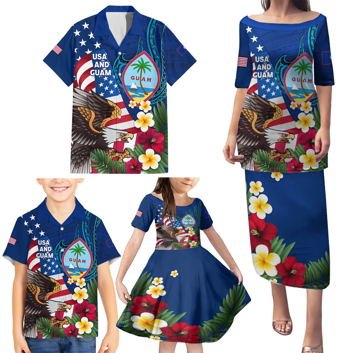 Personalised United States And Guam Family Matching Puletasi and Hawaiian Shirt USA Eagle With Guahan Seal Tropical Vibes LT14 - Polynesian Pride