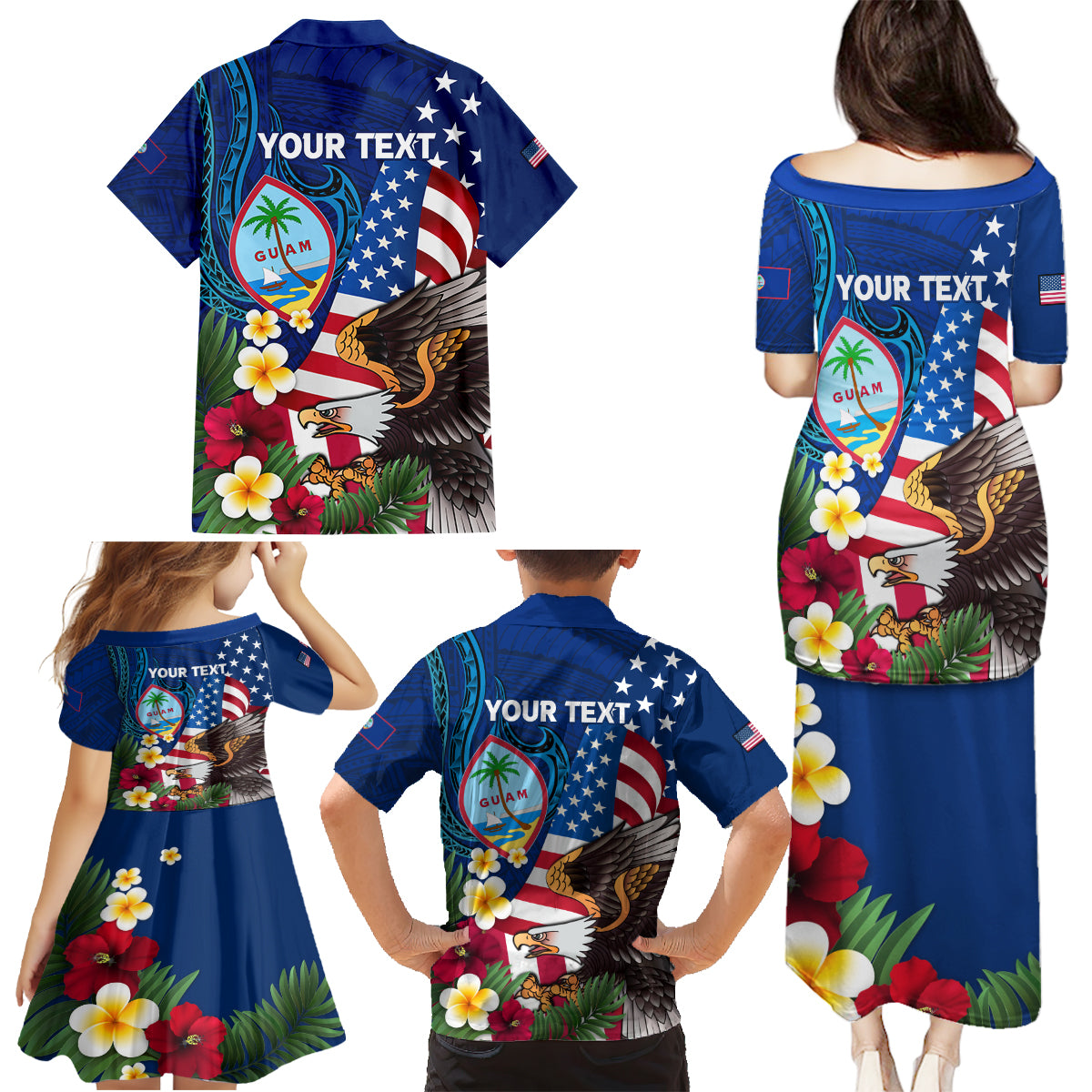 Personalised United States And Guam Family Matching Puletasi and Hawaiian Shirt USA Eagle With Guahan Seal Tropical Vibes LT14 - Polynesian Pride
