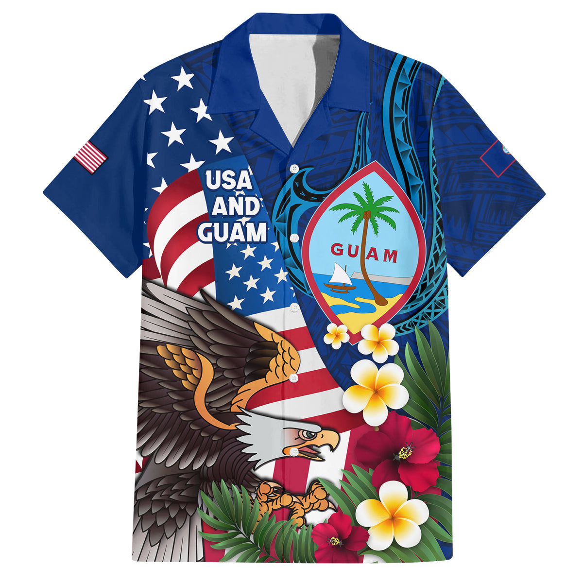 Personalised United States And Guam Family Matching Puletasi and Hawaiian Shirt USA Eagle With Guahan Seal Tropical Vibes LT14 Dad's Shirt - Short Sleeve Blue - Polynesian Pride