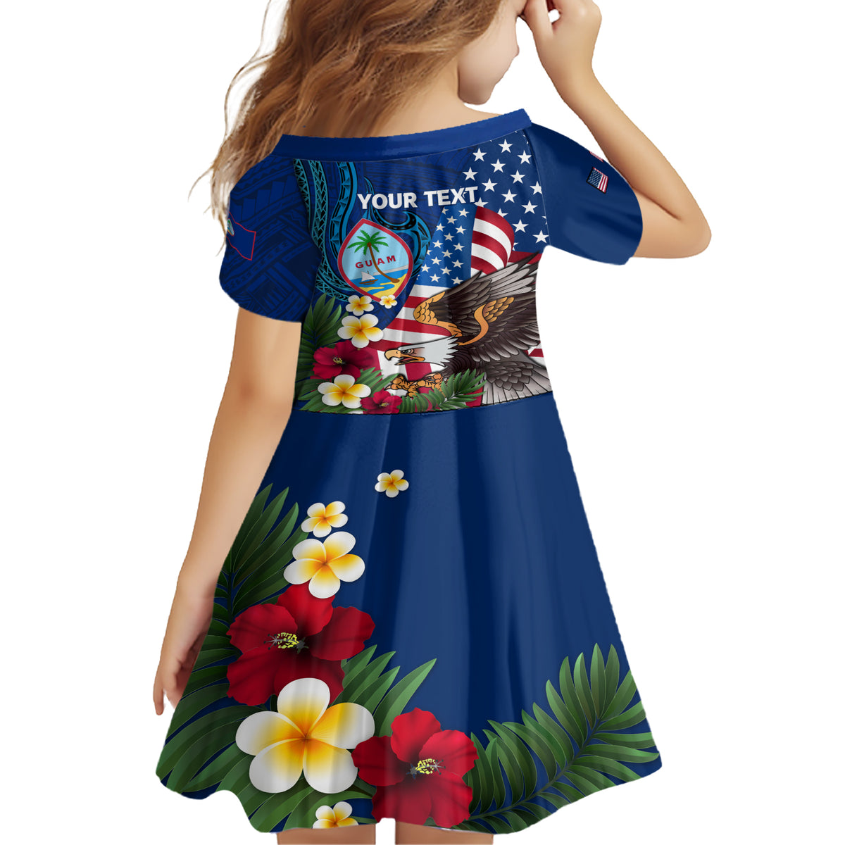 Personalised United States And Guam Family Matching Short Sleeve Bodycon Dress and Hawaiian Shirt USA Eagle With Guahan Seal Tropical Vibes