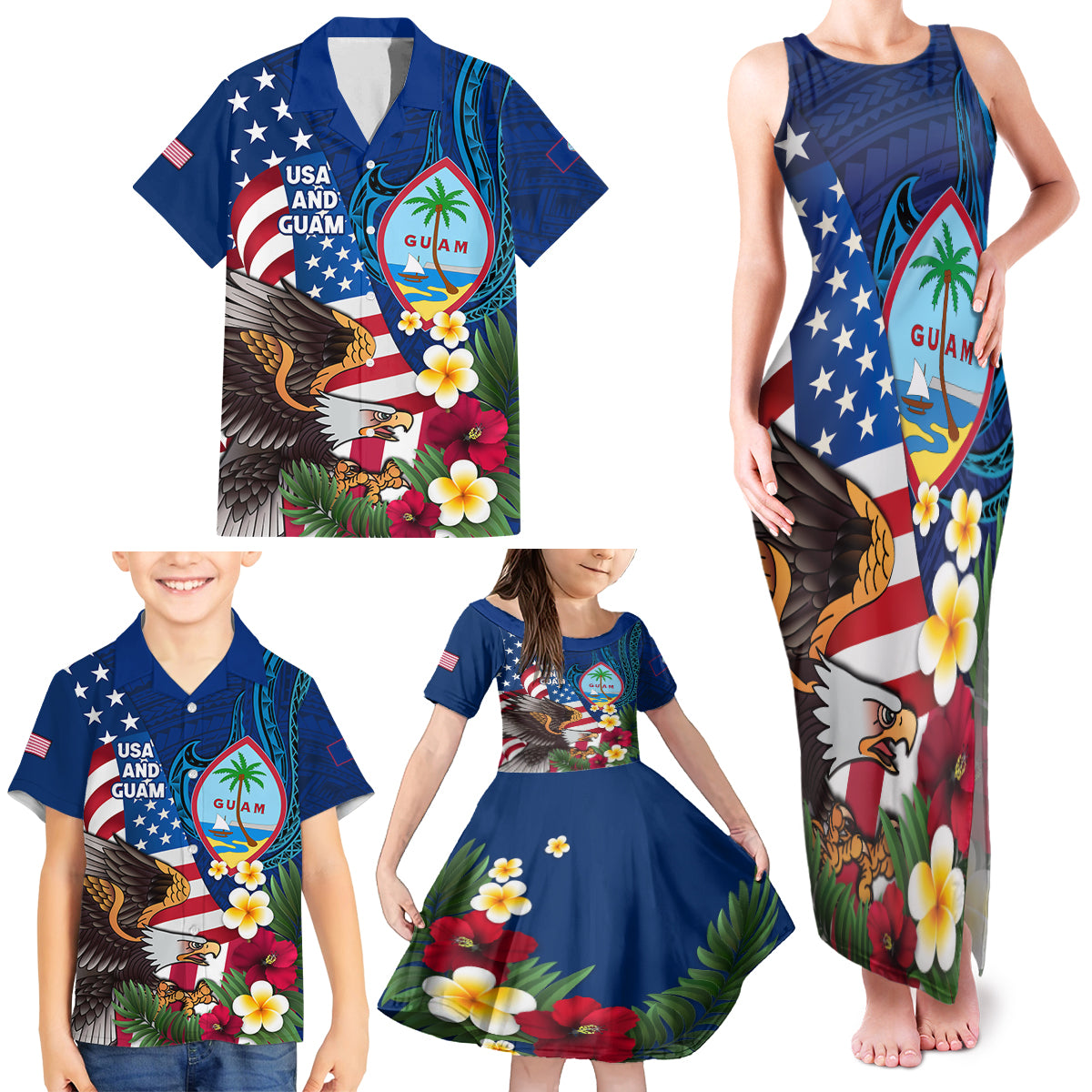 Personalised United States And Guam Family Matching Tank Maxi Dress and Hawaiian Shirt USA Eagle With Guahan Seal Tropical Vibes LT14 - Polynesian Pride