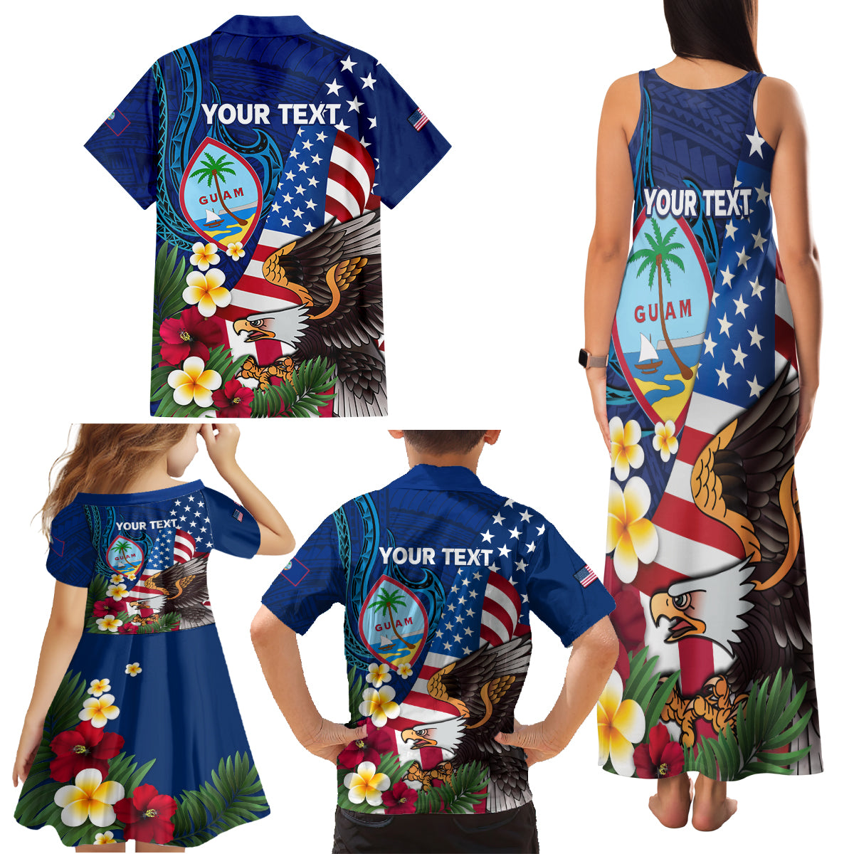 Personalised United States And Guam Family Matching Tank Maxi Dress and Hawaiian Shirt USA Eagle With Guahan Seal Tropical Vibes LT14 - Polynesian Pride