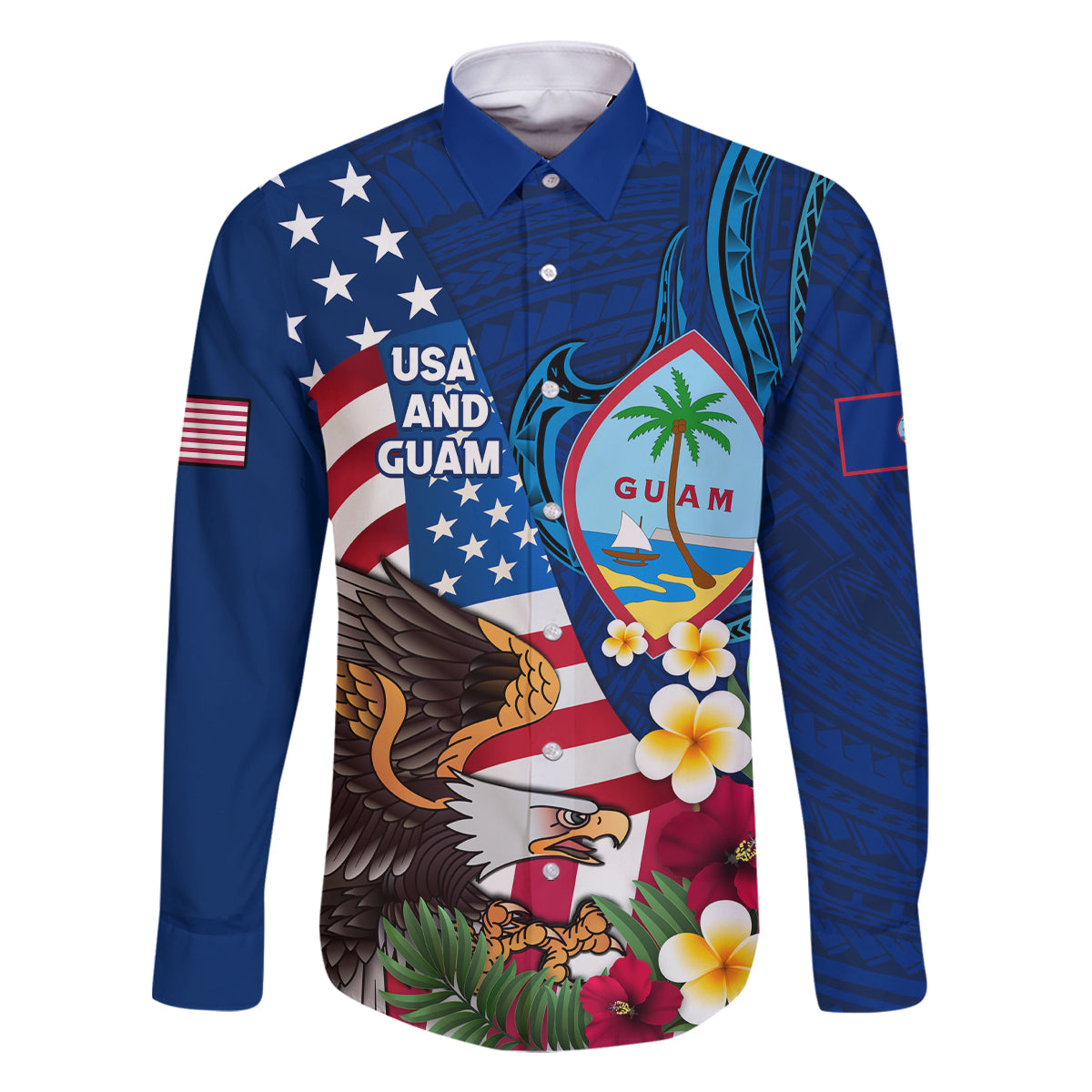 Personalised United States And Guam Family Matching Tank Maxi Dress and Hawaiian Shirt USA Eagle With Guahan Seal Tropical Vibes LT14 Dad's Shirt - Long Sleeve Blue - Polynesian Pride