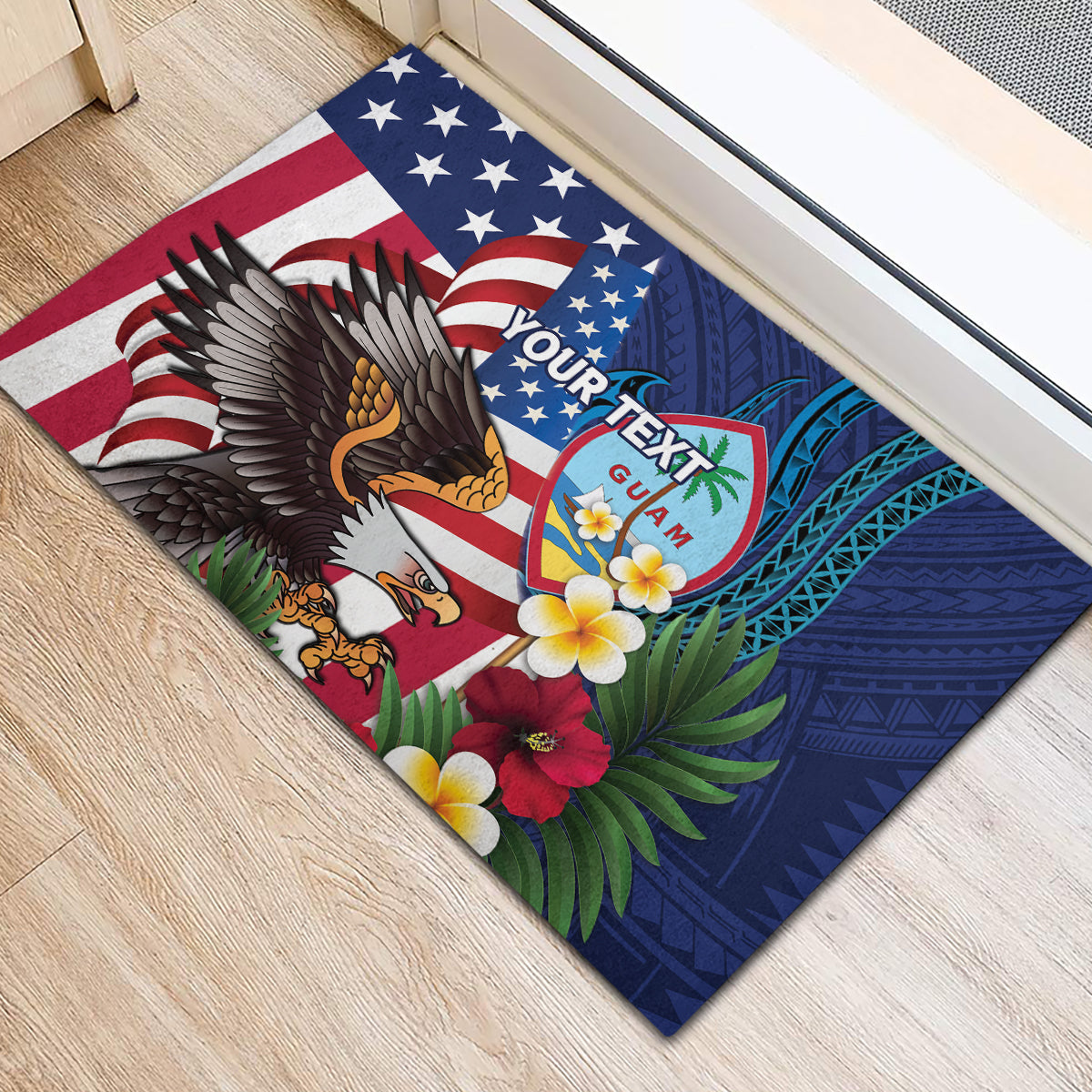 Personalised United States And Guam Rubber Doormat USA Eagle With Guahan Seal Tropical Vibes