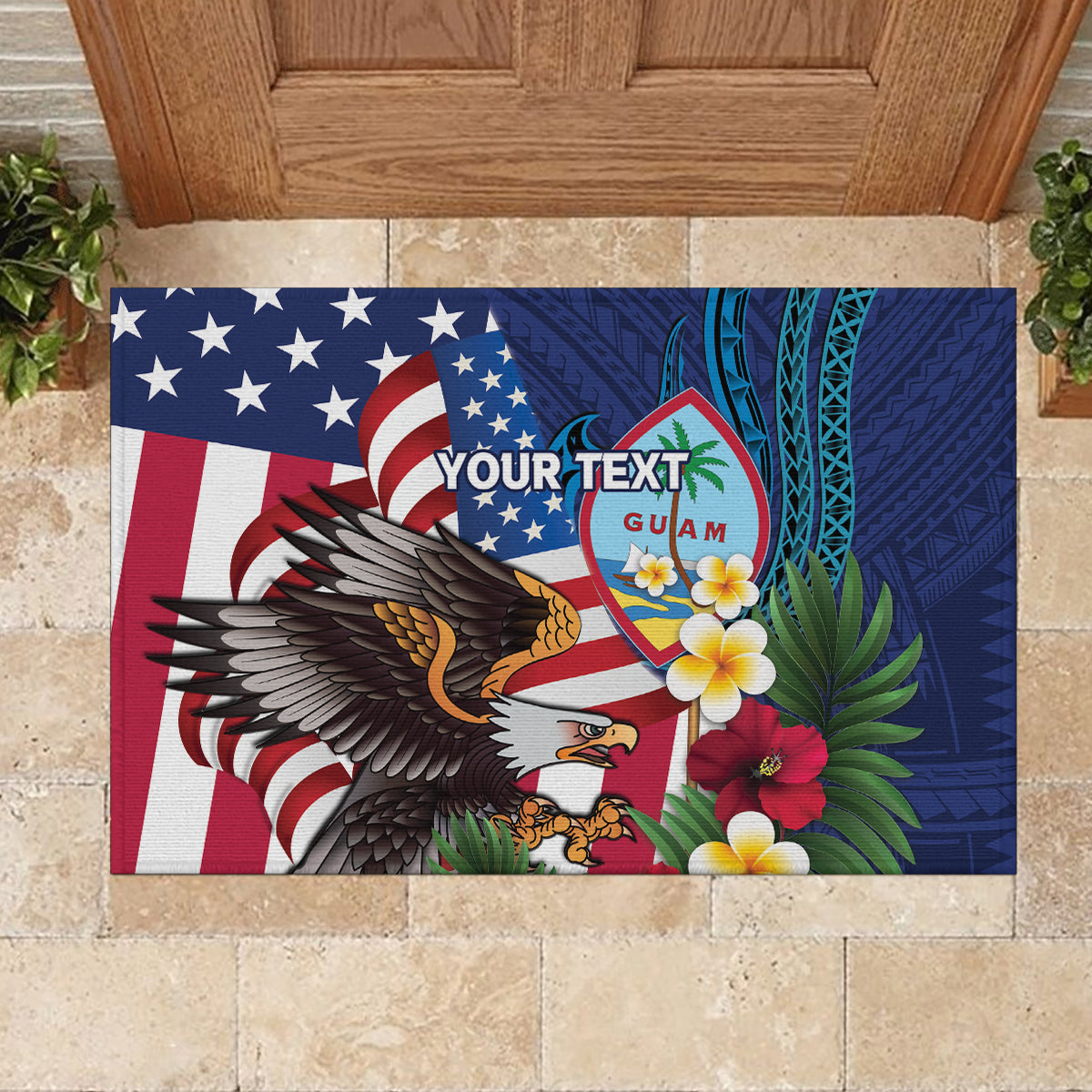 Personalised United States And Guam Rubber Doormat USA Eagle With Guahan Seal Tropical Vibes