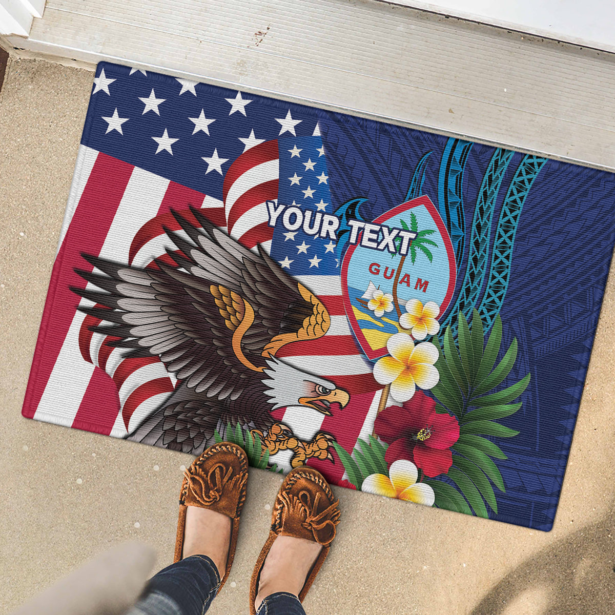 Personalised United States And Guam Rubber Doormat USA Eagle With Guahan Seal Tropical Vibes